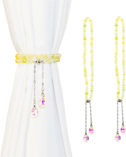 Magnetic Curtain Tiebacks, 2 Pack Colorful Crystal Curtain Drapery Holdbacks, Boho Curtain Ties for Home Office Decorative (Yellow)