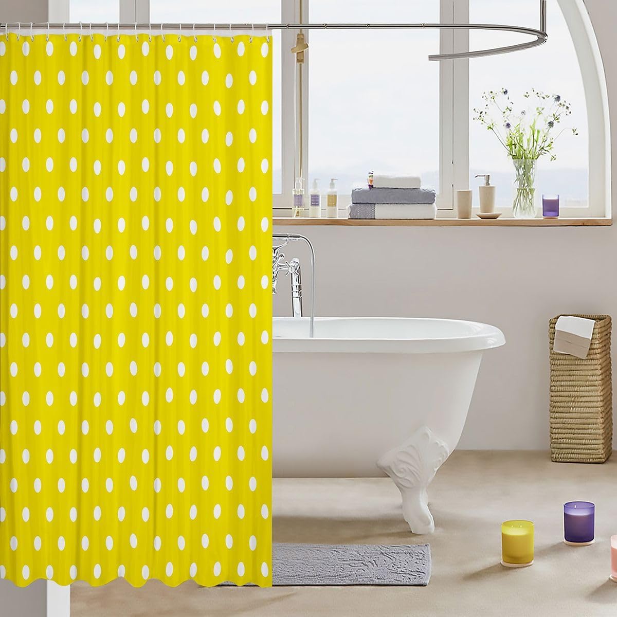 Yellow White Polka Dot Shower Curtain for Bathroom Decor Retro Cute Polka Dot Bath Curtain for Stalls Bathtubs Geometric Bathroom Accessories Luxury Waterproof Polyester with 12 Hooks 72"x72"