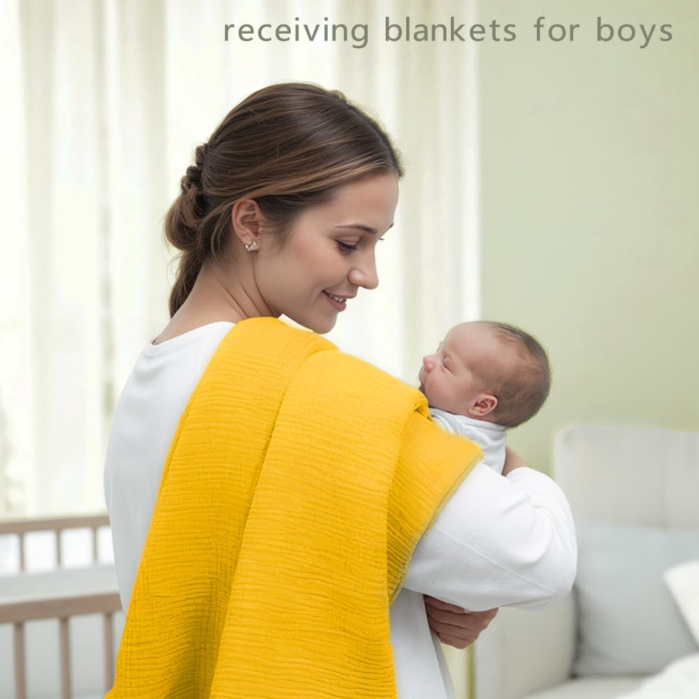 Muslin Swaddle Blankets for Baby Boy - 3 Pack 47x47 Inch Large Receiving Blankets, Soft Breathable Cotton Nursery Swaddles for Newborn, Infant & Todler (Yellow, White, Banana)