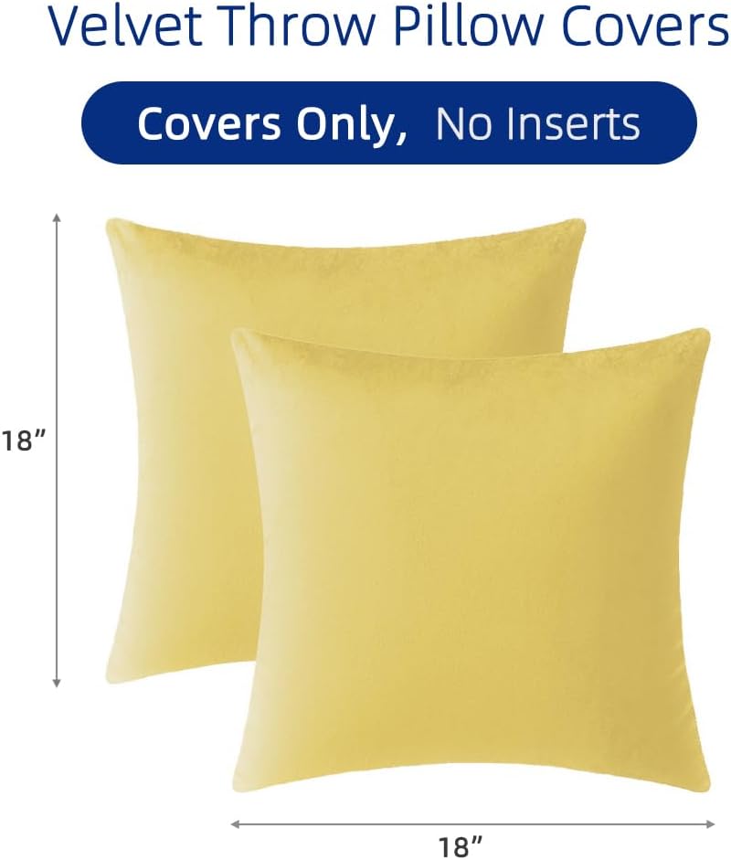 QUORGVES Yellow Velvet Throw Pillow Covers 18x18 Inch Set of 2 | Covers Only,Ultra-Soft,Hidden Zipper,Easy Care,Decorative Accent Cushion Covers for Couch Sofa Bed Decor,Light Yellow