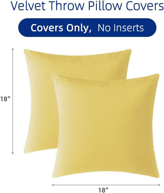 QUORGVES Yellow Velvet Throw Pillow Covers 18x18 Inch Set of 2 | Covers Only,Ultra-Soft,Hidden Zipper,Easy Care,Decorative Accent Cushion Covers for Couch Sofa Bed Decor,Light Yellow