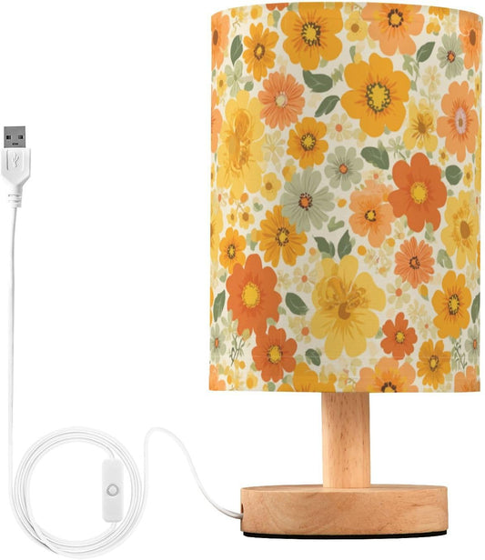 Bedside Table Lamp Retro Groovy Floral Yellow (12) Kids Nightstand Lamp Night Light Fabric Shade for Bedroom Living Room Home