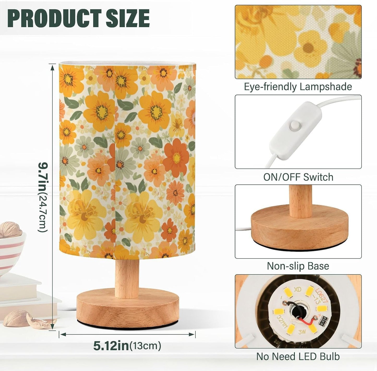 Bedside Table Lamp Retro Groovy Floral Yellow (12) Kids Nightstand Lamp Night Light Fabric Shade for Bedroom Living Room Home