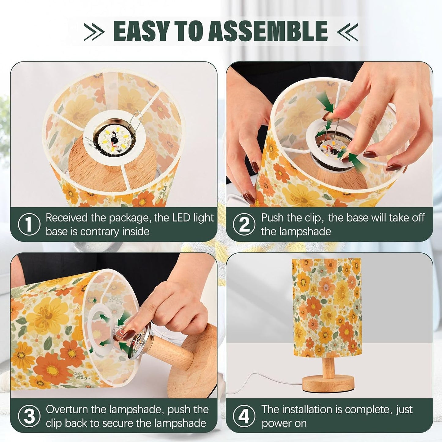 Bedside Table Lamp Retro Groovy Floral Yellow (12) Kids Nightstand Lamp Night Light Fabric Shade for Bedroom Living Room Home