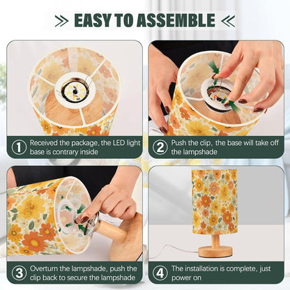 Bedside Table Lamp Retro Groovy Floral Yellow (12) Kids Nightstand Lamp Night Light Fabric Shade for Bedroom Living Room Home