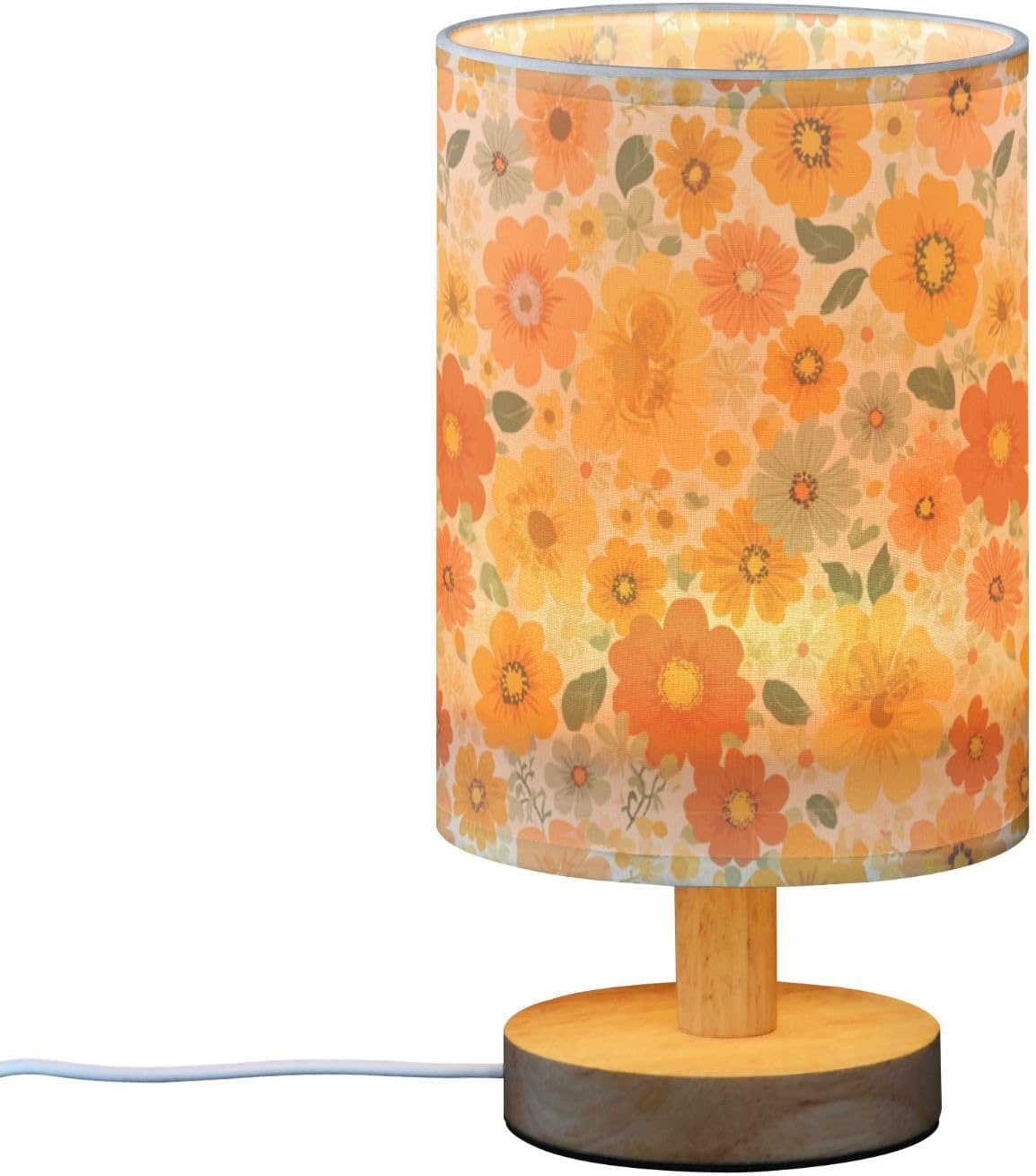 Bedside Table Lamp Retro Groovy Floral Yellow (12) Kids Nightstand Lamp Night Light Fabric Shade for Bedroom Living Room Home