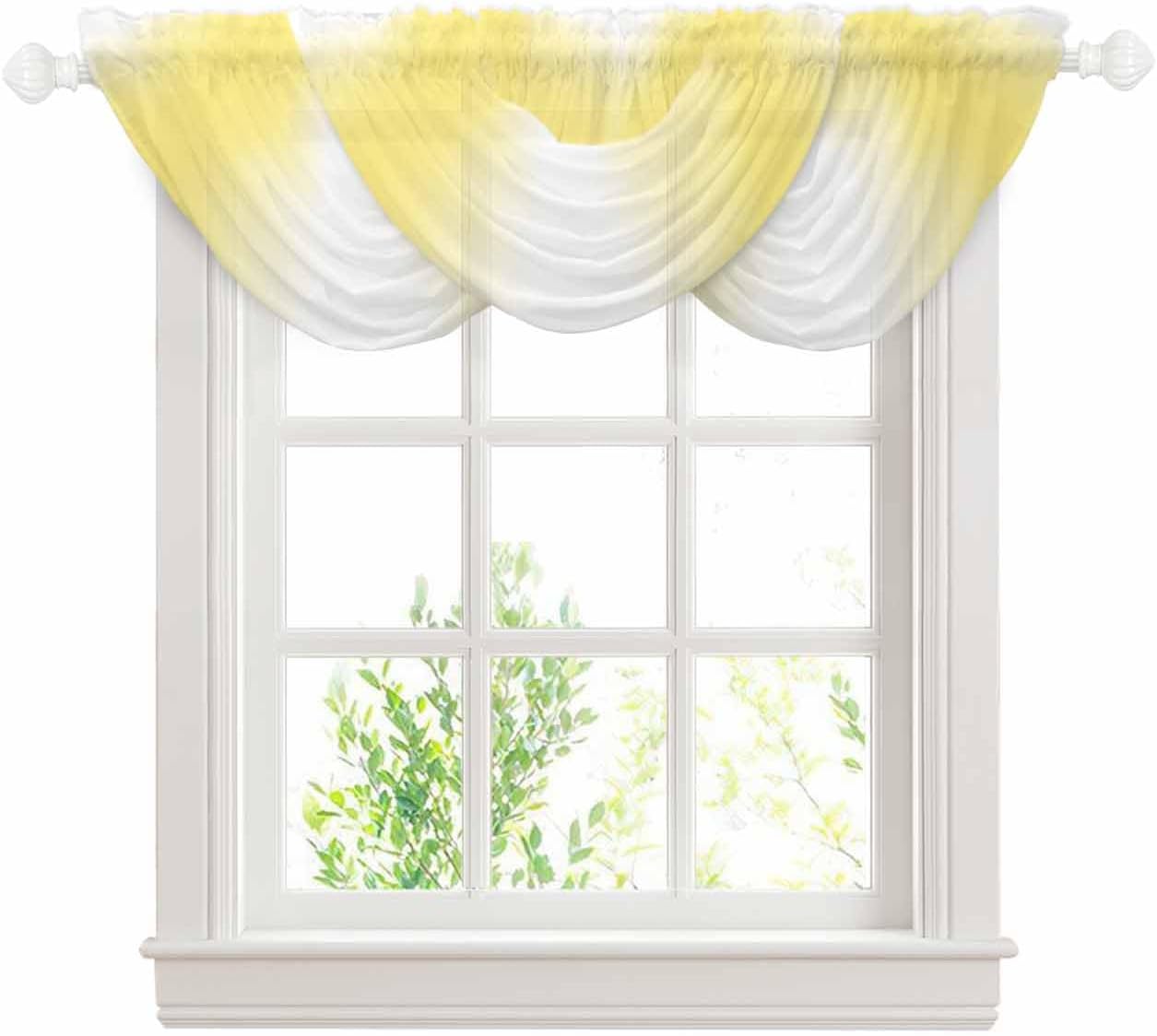 Lemon Yellow Waterfall Valance Curtains Lemon Yellow Ombre Sheer Swag Valances for Window, Gradient Yellow and White Rod Pocket Elegant Valances for Bedroom, 38.5" x 47.21", 3 Panels