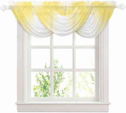 Lemon Yellow Waterfall Valance Curtains Lemon Yellow Ombre Sheer Swag Valances for Window, Gradient Yellow and White Rod Pocket Elegant Valances for Bedroom, 38.5" x 47.21", 3 Panels