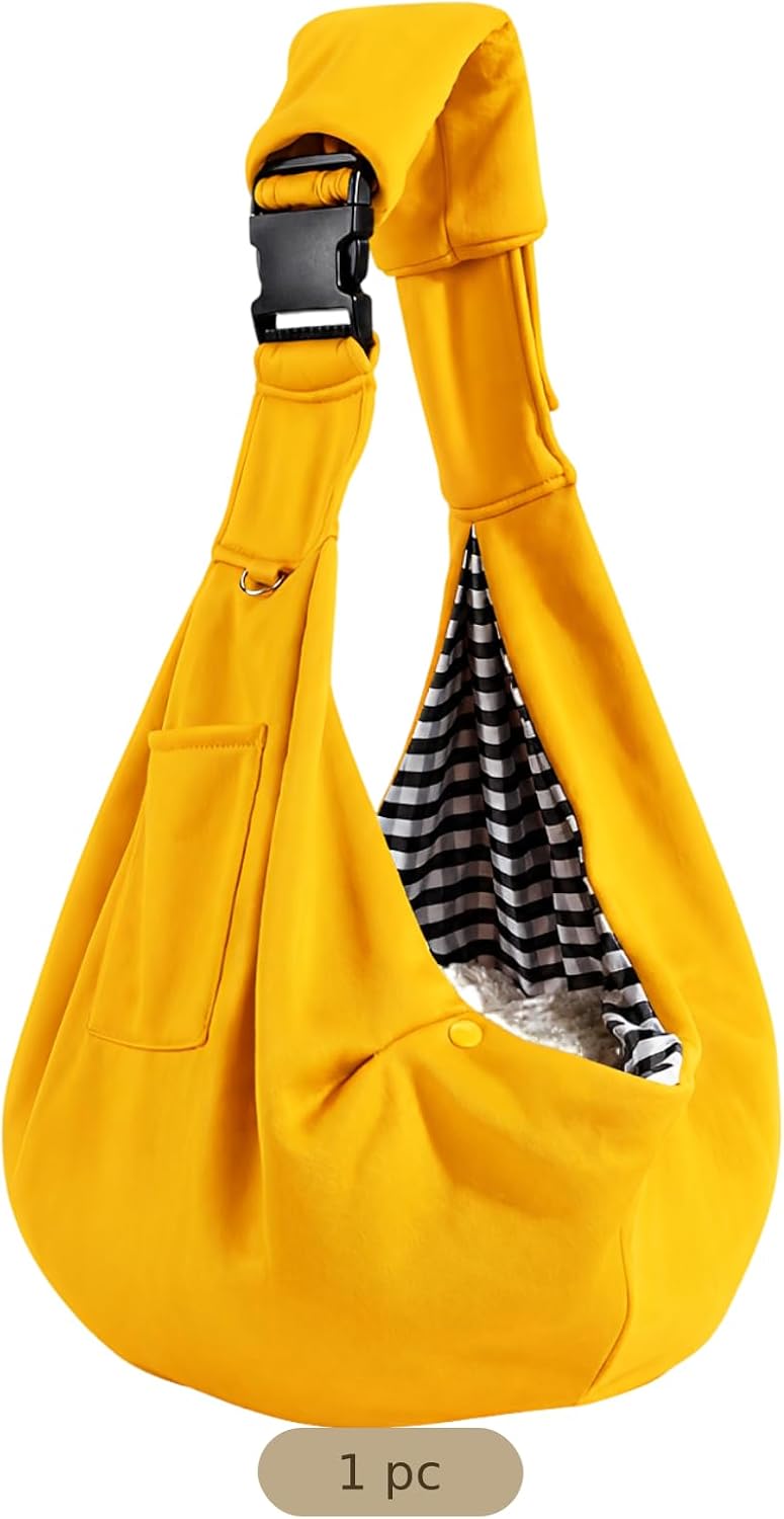 Dog Cat Sling Carrier Bag, Handsfree Pet Sling Carrier for Small Dogs and Cats up to 15 lbs, Adjustable Strap with Padded Shoulder, Safety Hook, Pocket for Travel Walking, Yellow