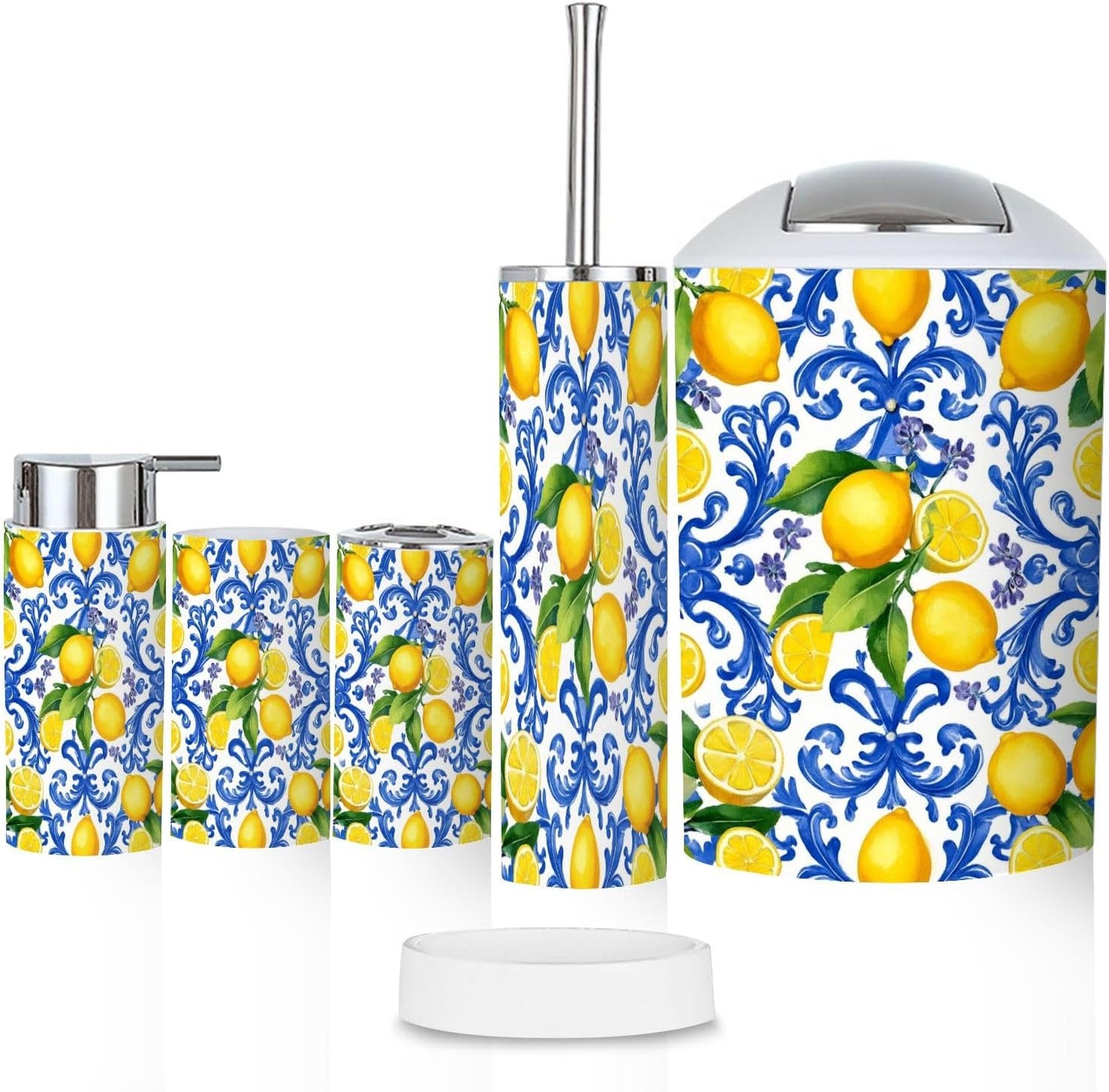 Bathroom Accessory Set 6PCS Mediterranean Seamless Blue Majolica Tiles Yellow Lemons Endless Trash can, Soap Dispenser, Toothbrush Holder, Toilet Brush & Holder, Soap Dish for Housewarming Gifts