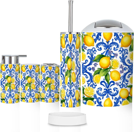 Bathroom Accessory Set 6PCS Mediterranean Seamless Blue Majolica Tiles Yellow Lemons Endless Trash can, Soap Dispenser, Toothbrush Holder, Toilet Brush & Holder, Soap Dish for Housewarming Gifts