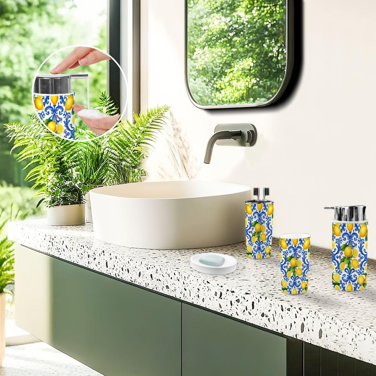 Bathroom Accessory Set 6PCS Mediterranean Seamless Blue Majolica Tiles Yellow Lemons Endless Trash can, Soap Dispenser, Toothbrush Holder, Toilet Brush & Holder, Soap Dish for Housewarming Gifts