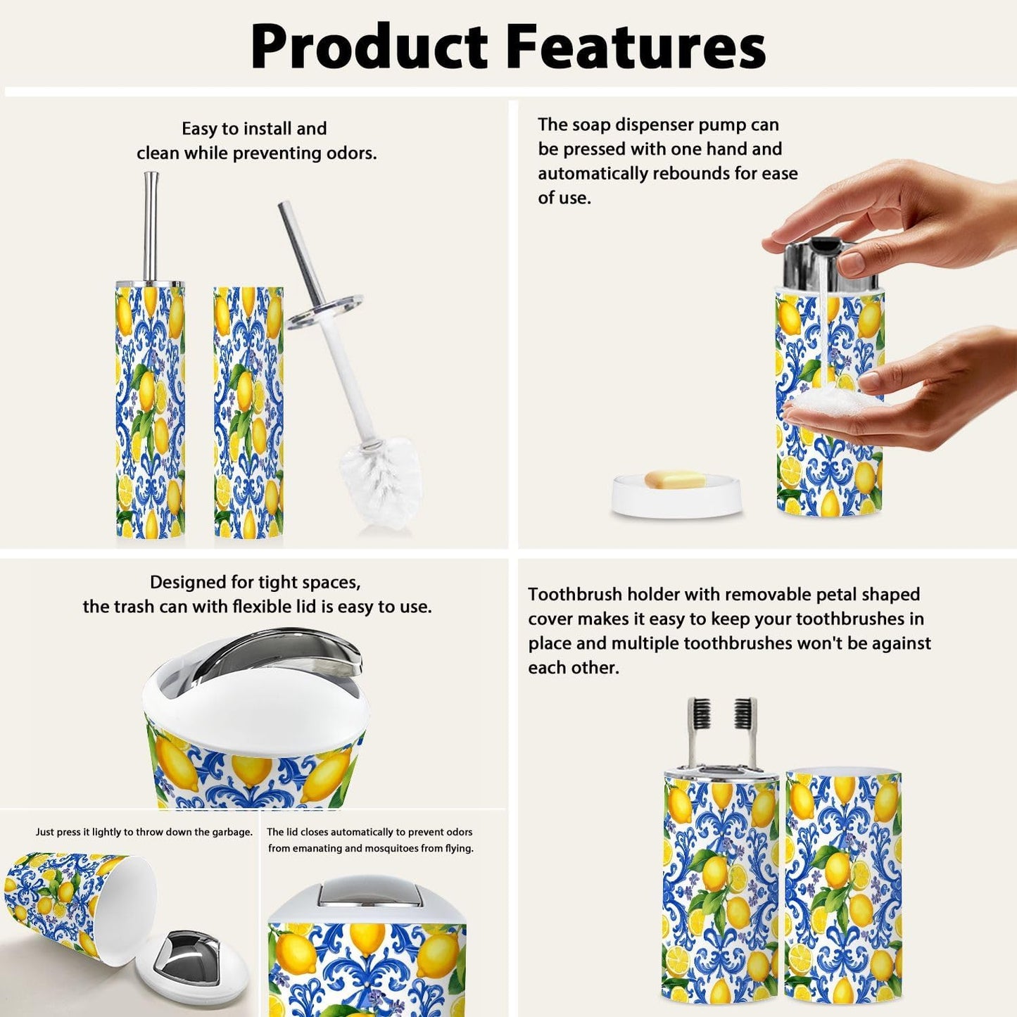 Bathroom Accessory Set 6PCS Mediterranean Seamless Blue Majolica Tiles Yellow Lemons Endless Trash can, Soap Dispenser, Toothbrush Holder, Toilet Brush & Holder, Soap Dish for Housewarming Gifts