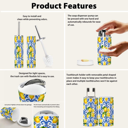Bathroom Accessory Set 6PCS Mediterranean Seamless Blue Majolica Tiles Yellow Lemons Endless Trash can, Soap Dispenser, Toothbrush Holder, Toilet Brush & Holder, Soap Dish for Housewarming Gifts