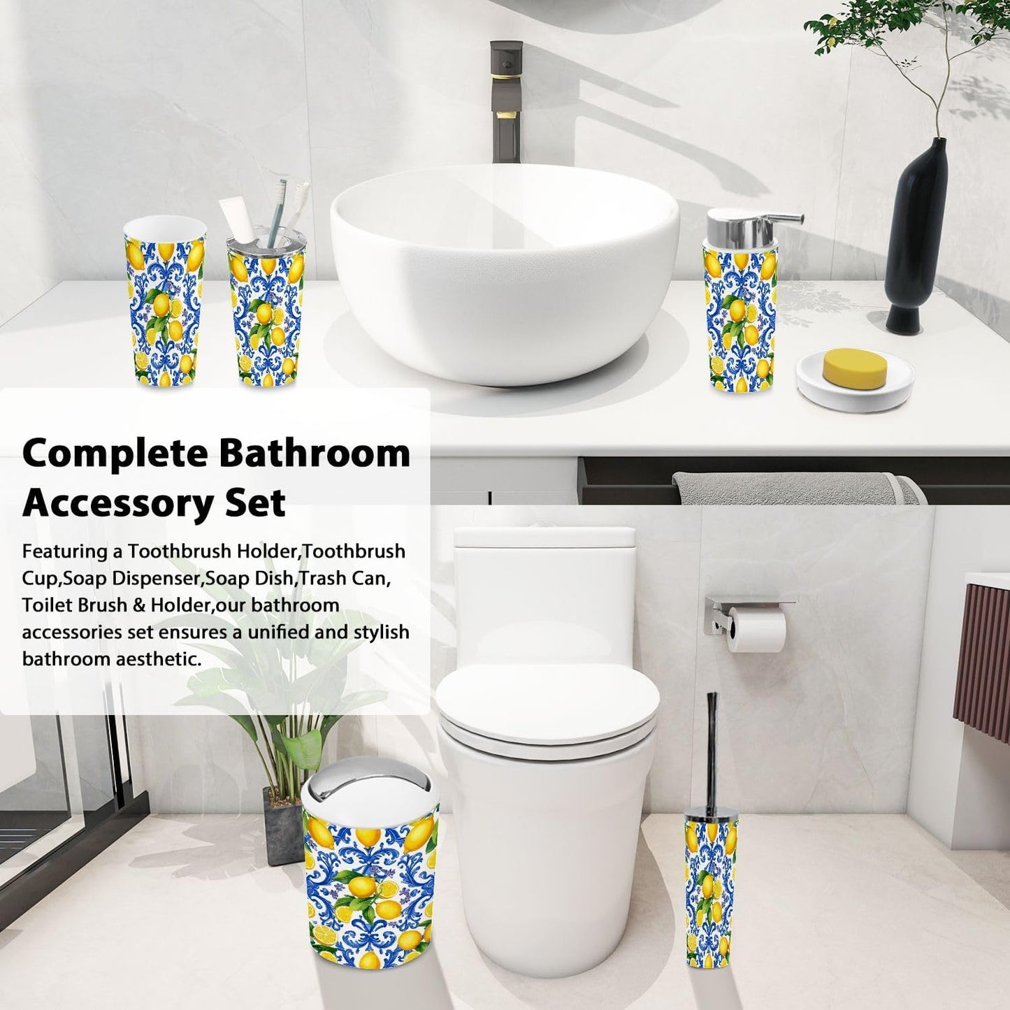 Bathroom Accessory Set 6PCS Mediterranean Seamless Blue Majolica Tiles Yellow Lemons Endless Trash can, Soap Dispenser, Toothbrush Holder, Toilet Brush & Holder, Soap Dish for Housewarming Gifts
