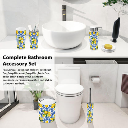 Bathroom Accessory Set 6PCS Mediterranean Seamless Blue Majolica Tiles Yellow Lemons Endless Trash can, Soap Dispenser, Toothbrush Holder, Toilet Brush & Holder, Soap Dish for Housewarming Gifts