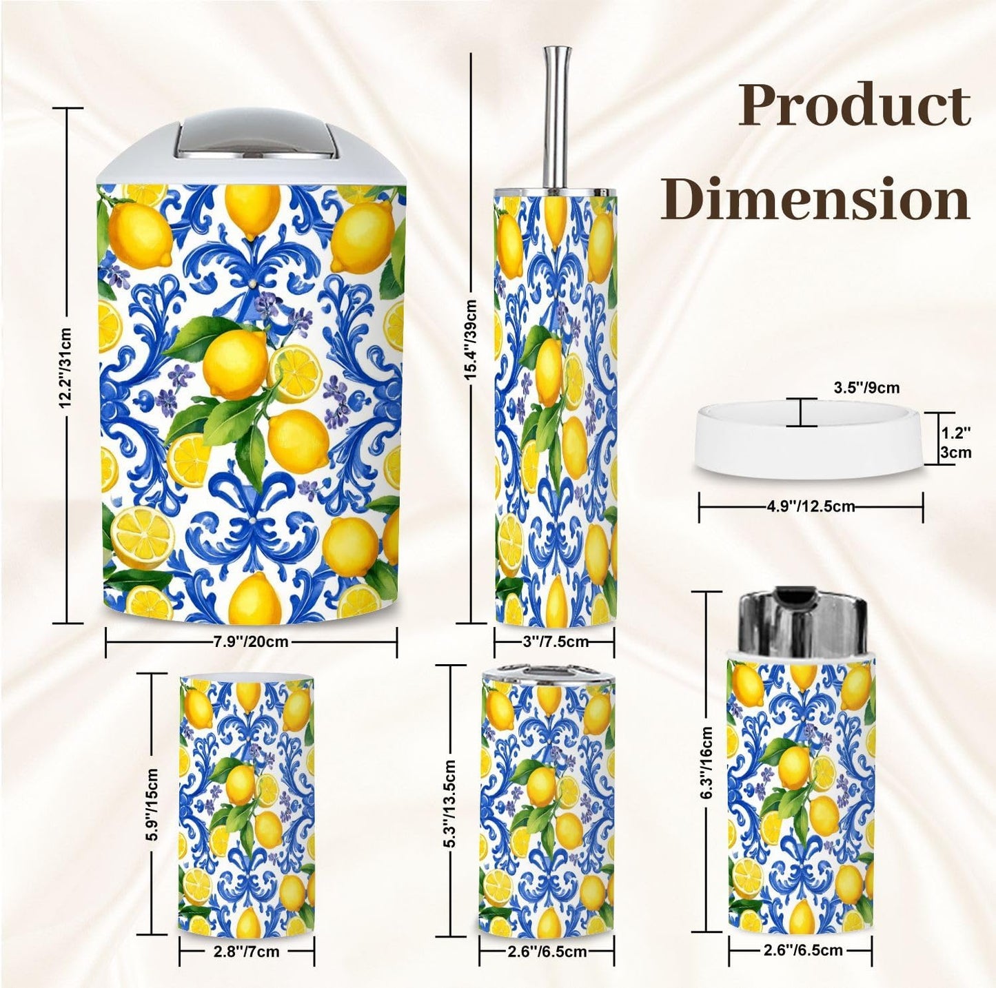 Bathroom Accessory Set 6PCS Mediterranean Seamless Blue Majolica Tiles Yellow Lemons Endless Trash can, Soap Dispenser, Toothbrush Holder, Toilet Brush & Holder, Soap Dish for Housewarming Gifts