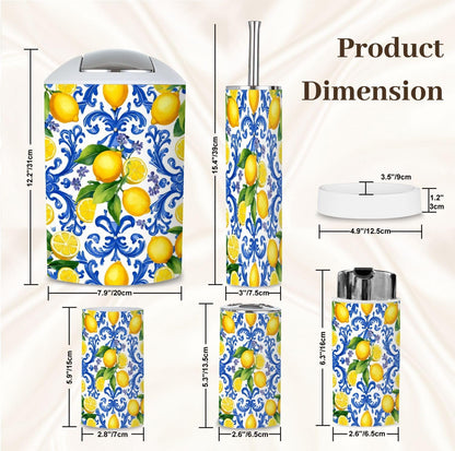 Bathroom Accessory Set 6PCS Mediterranean Seamless Blue Majolica Tiles Yellow Lemons Endless Trash can, Soap Dispenser, Toothbrush Holder, Toilet Brush & Holder, Soap Dish for Housewarming Gifts