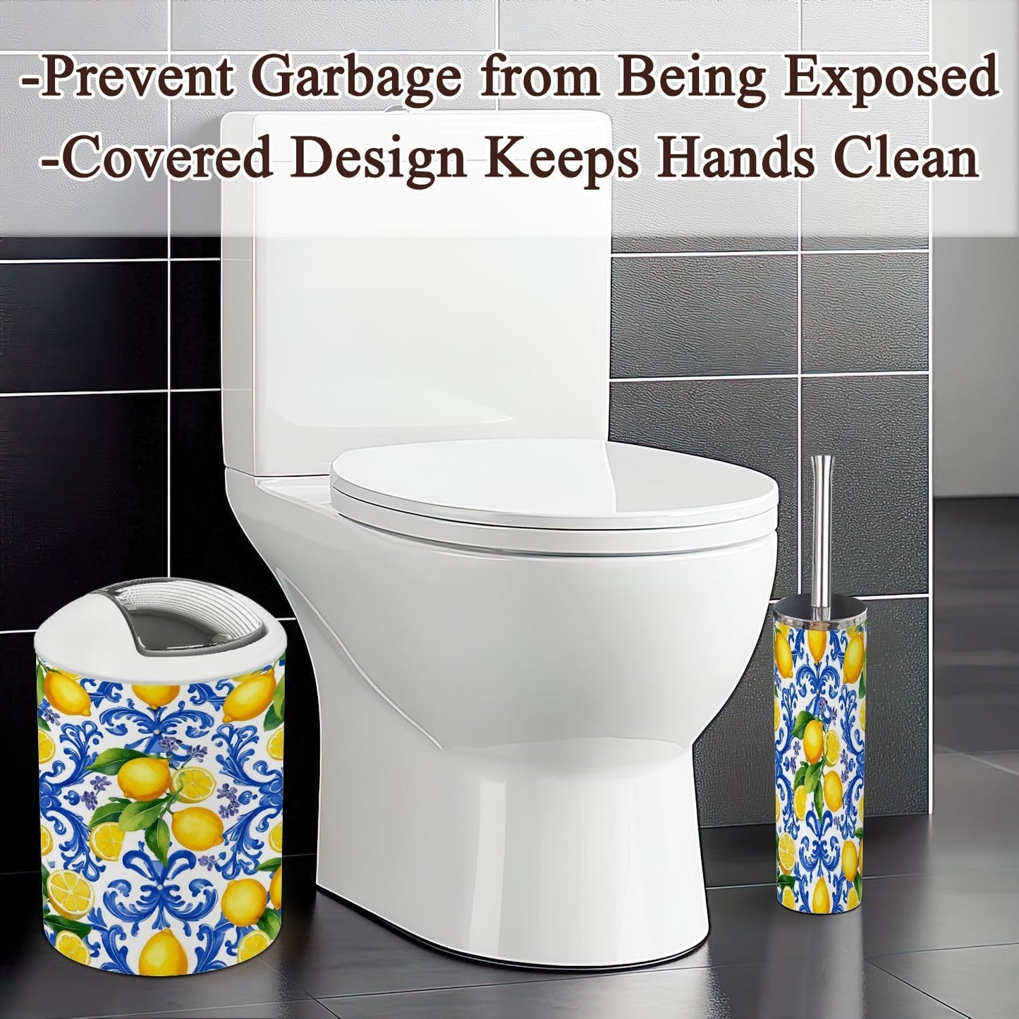Bathroom Accessory Set 6PCS Mediterranean Seamless Blue Majolica Tiles Yellow Lemons Endless Trash can, Soap Dispenser, Toothbrush Holder, Toilet Brush & Holder, Soap Dish for Housewarming Gifts