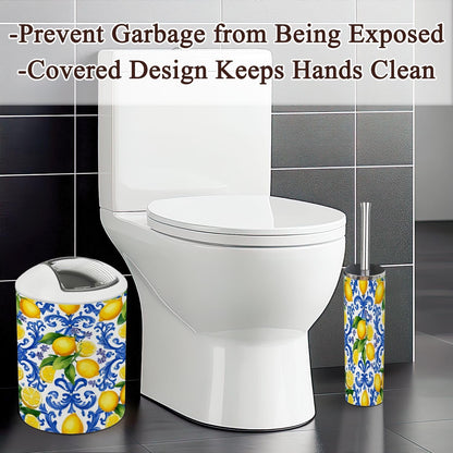Bathroom Accessory Set 6PCS Mediterranean Seamless Blue Majolica Tiles Yellow Lemons Endless Trash can, Soap Dispenser, Toothbrush Holder, Toilet Brush & Holder, Soap Dish for Housewarming Gifts