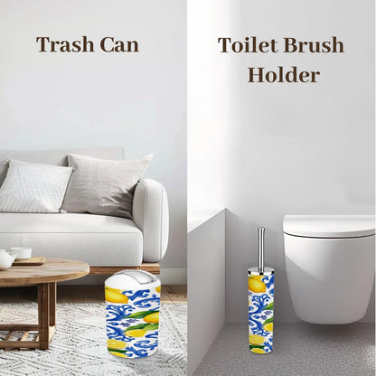 Bathroom Accessory Set 6PCS Mediterranean Seamless Blue Majolica Tiles Yellow Lemons Endless Trash can, Soap Dispenser, Toothbrush Holder, Toilet Brush & Holder, Soap Dish for Housewarming Gifts
