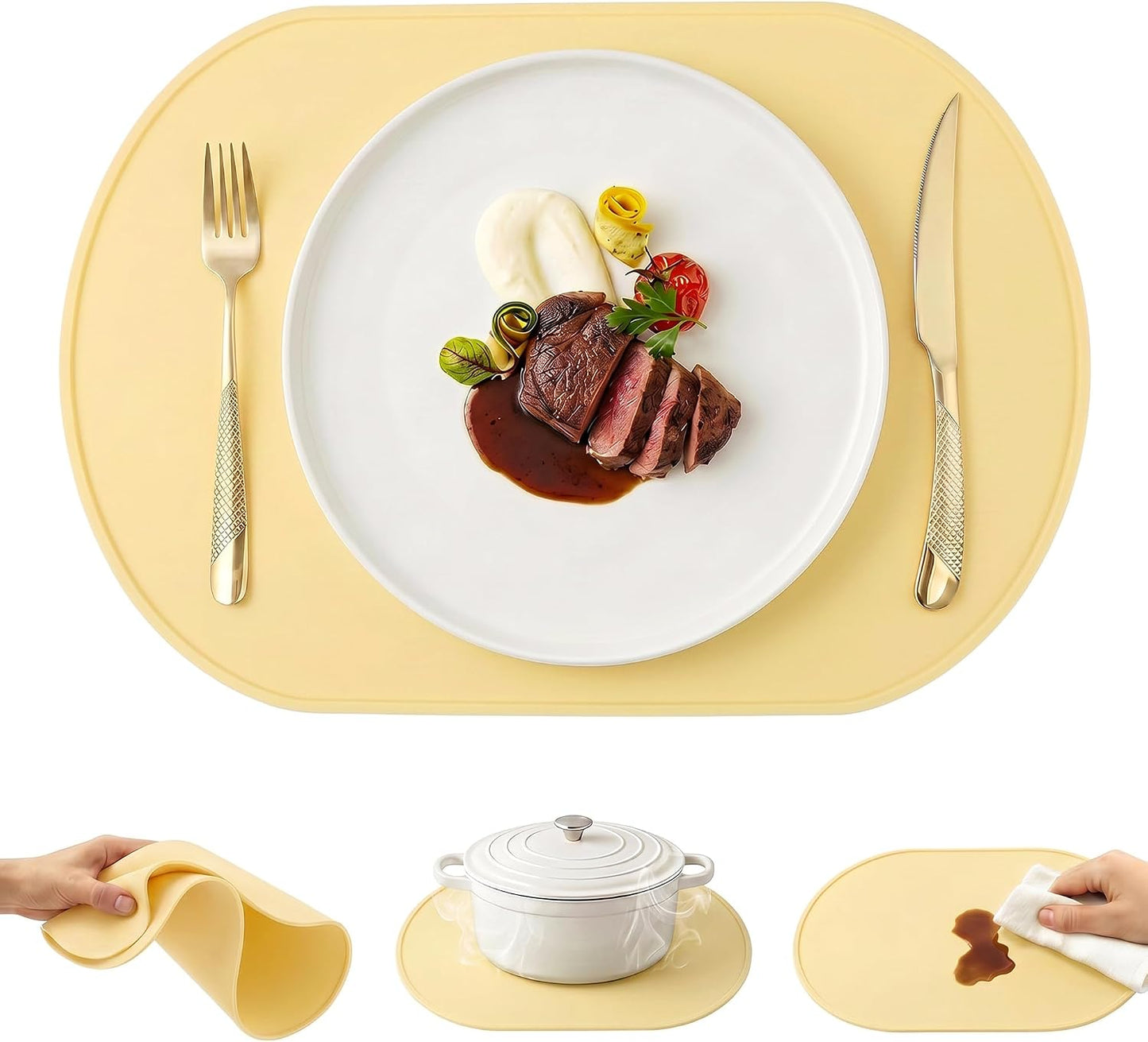 Placemats Set of 6 Silicone Placemat for Kitchen, Heat Resistant Placement Mats for Dining Table Decor Wipeable Table Mats 15 * 10in Light Yellow