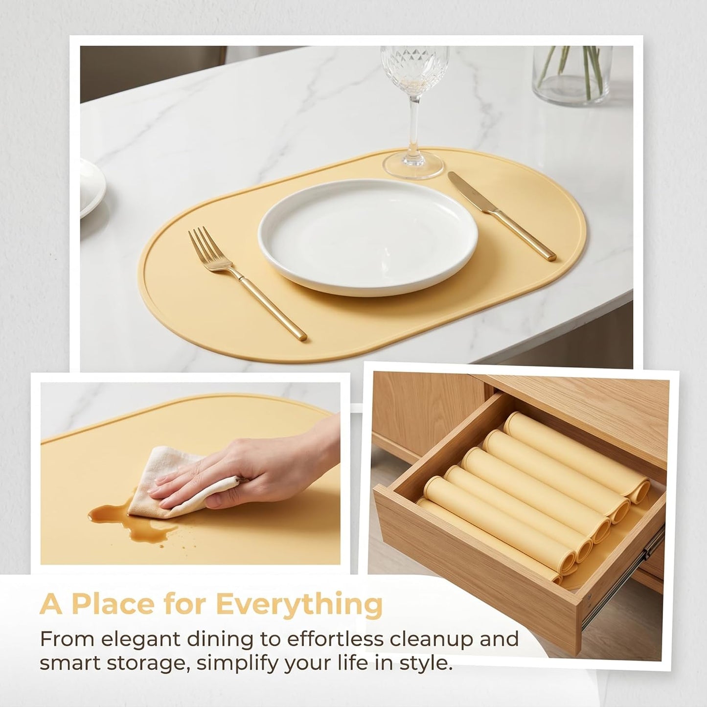 Placemats Set of 6 Silicone Placemat for Kitchen, Heat Resistant Placement Mats for Dining Table Decor Wipeable Table Mats 15 * 10in Light Yellow