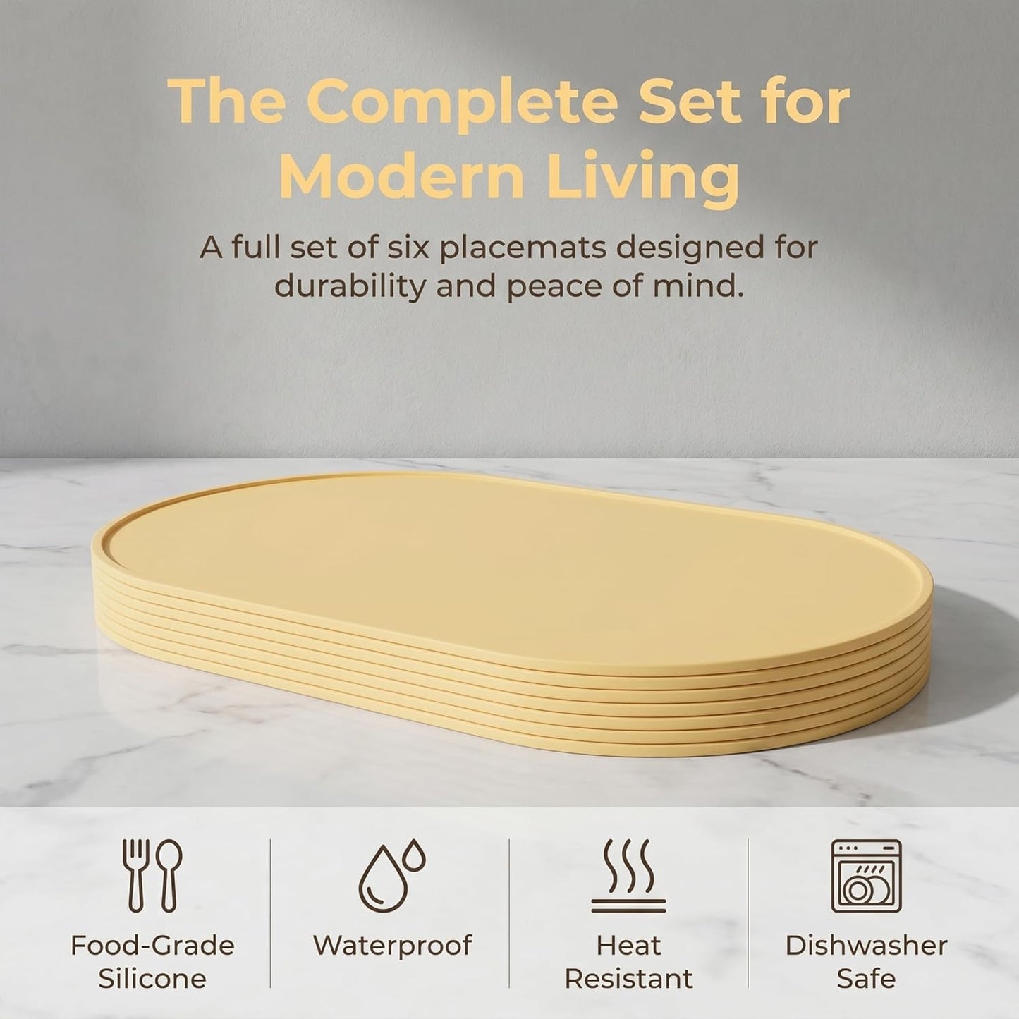 Placemats Set of 6 Silicone Placemat for Kitchen, Heat Resistant Placement Mats for Dining Table Decor Wipeable Table Mats 15 * 10in Light Yellow