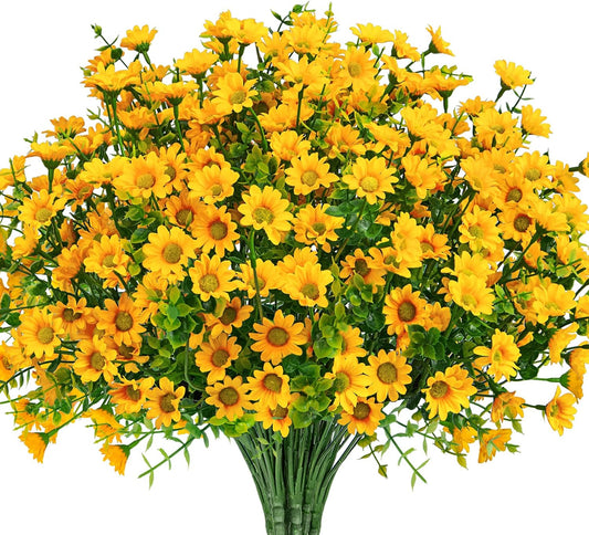 Artificial Fall Flowers for Outdoors, 12 Bundles Fake Mums, Yellow | Realistic, silk flowers, UV resistant, faux plants, for autumn outdoor garden porch window box home indoor decorations