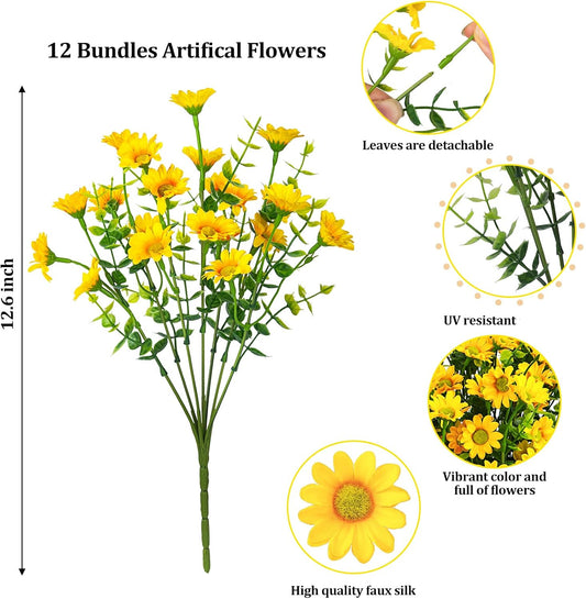 Artificial Fall Flowers for Outdoors, 12 Bundles Fake Mums, Yellow | Realistic, silk flowers, UV resistant, faux plants, for autumn outdoor garden porch window box home indoor decorations