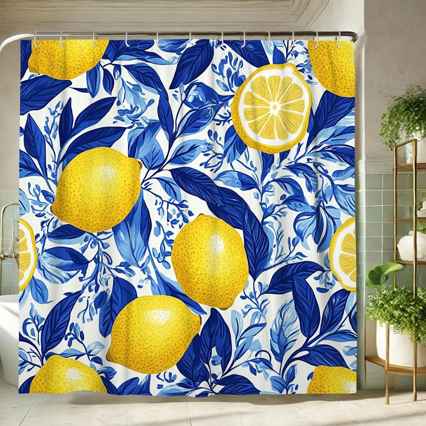 Lemon Shower Curtain, Bright Yellow Citrus Fruit Bath Curtain for Bathroom Decor, Summer Tropical Modern Design Waterproof Fabric Shower Curtain Set with Hooks 62x72 Inch