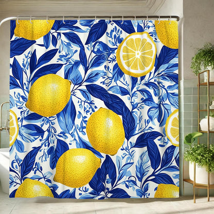 Lemon Shower Curtain, Bright Yellow Citrus Fruit Bath Curtain for Bathroom Decor, Summer Tropical Modern Design Waterproof Fabric Shower Curtain Set with Hooks 62x72 Inch