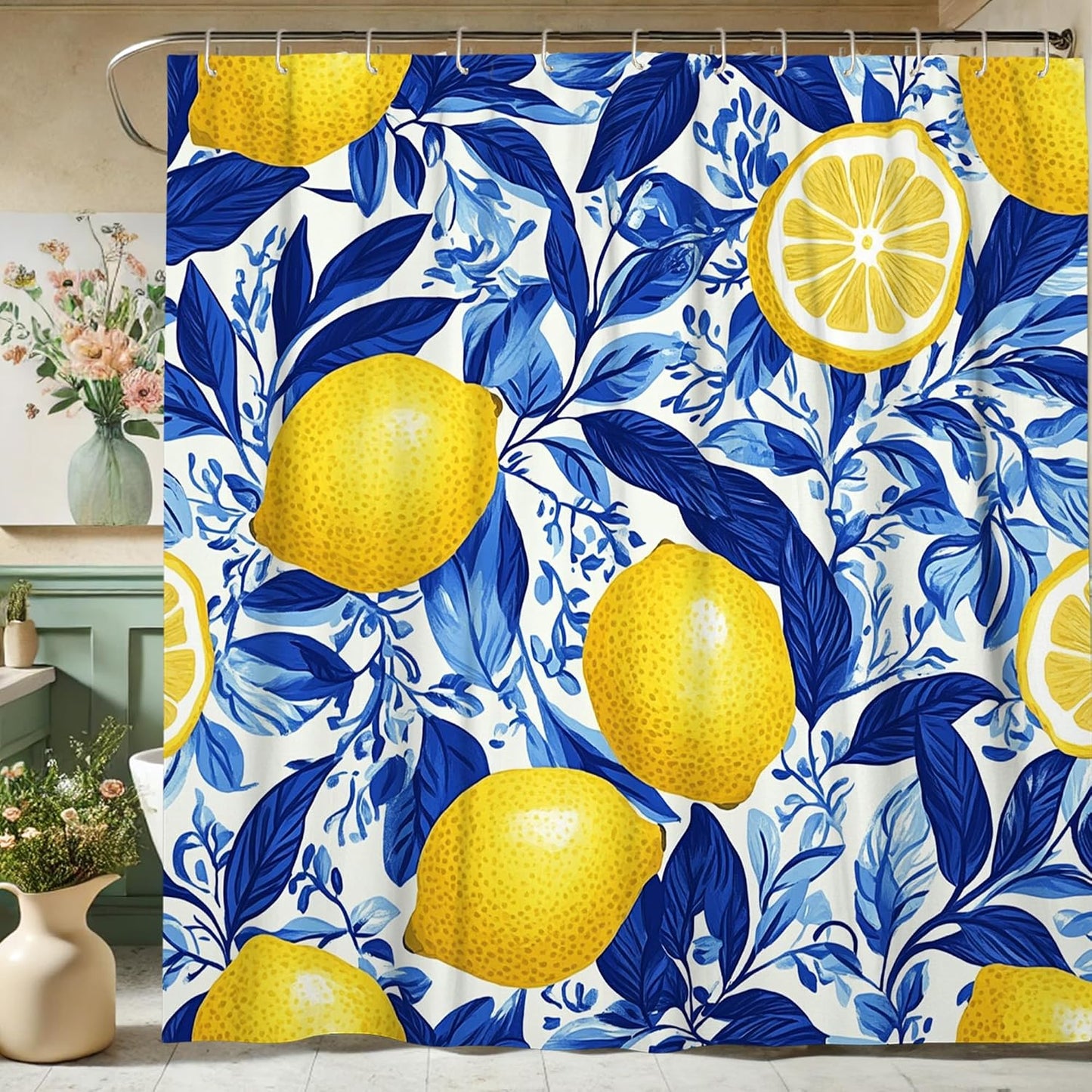 Lemon Shower Curtain, Bright Yellow Citrus Fruit Bath Curtain for Bathroom Decor, Summer Tropical Modern Design Waterproof Fabric Shower Curtain Set with Hooks 62x72 Inch