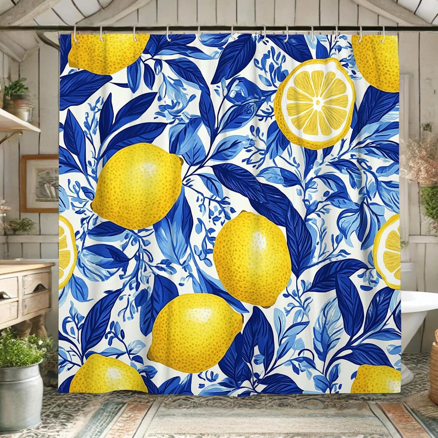 Lemon Shower Curtain, Bright Yellow Citrus Fruit Bath Curtain for Bathroom Decor, Summer Tropical Modern Design Waterproof Fabric Shower Curtain Set with Hooks 62x72 Inch