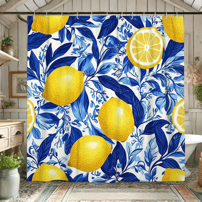 Lemon Shower Curtain, Bright Yellow Citrus Fruit Bath Curtain for Bathroom Decor, Summer Tropical Modern Design Waterproof Fabric Shower Curtain Set with Hooks 62x72 Inch