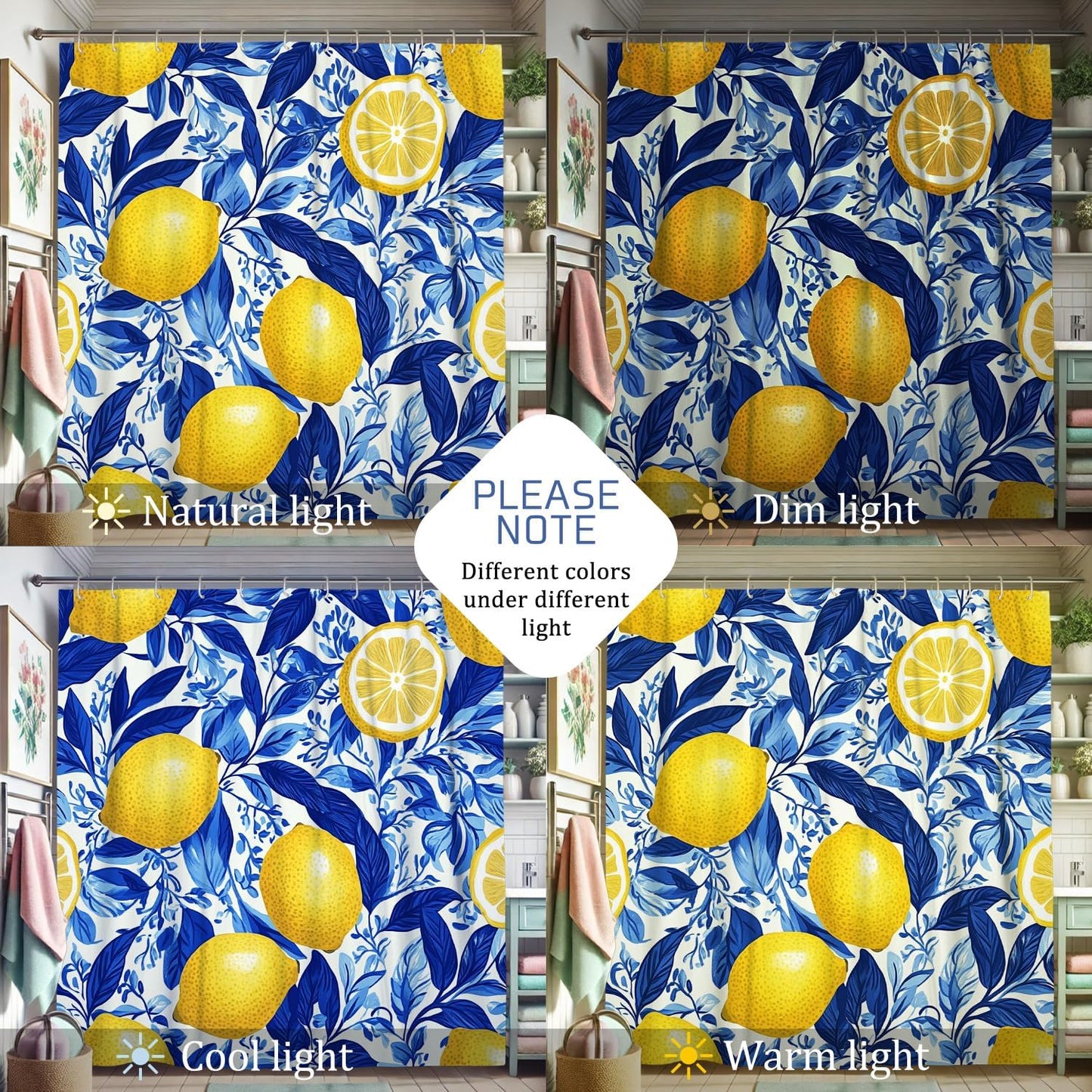 Lemon Shower Curtain, Bright Yellow Citrus Fruit Bath Curtain for Bathroom Decor, Summer Tropical Modern Design Waterproof Fabric Shower Curtain Set with Hooks 62x72 Inch