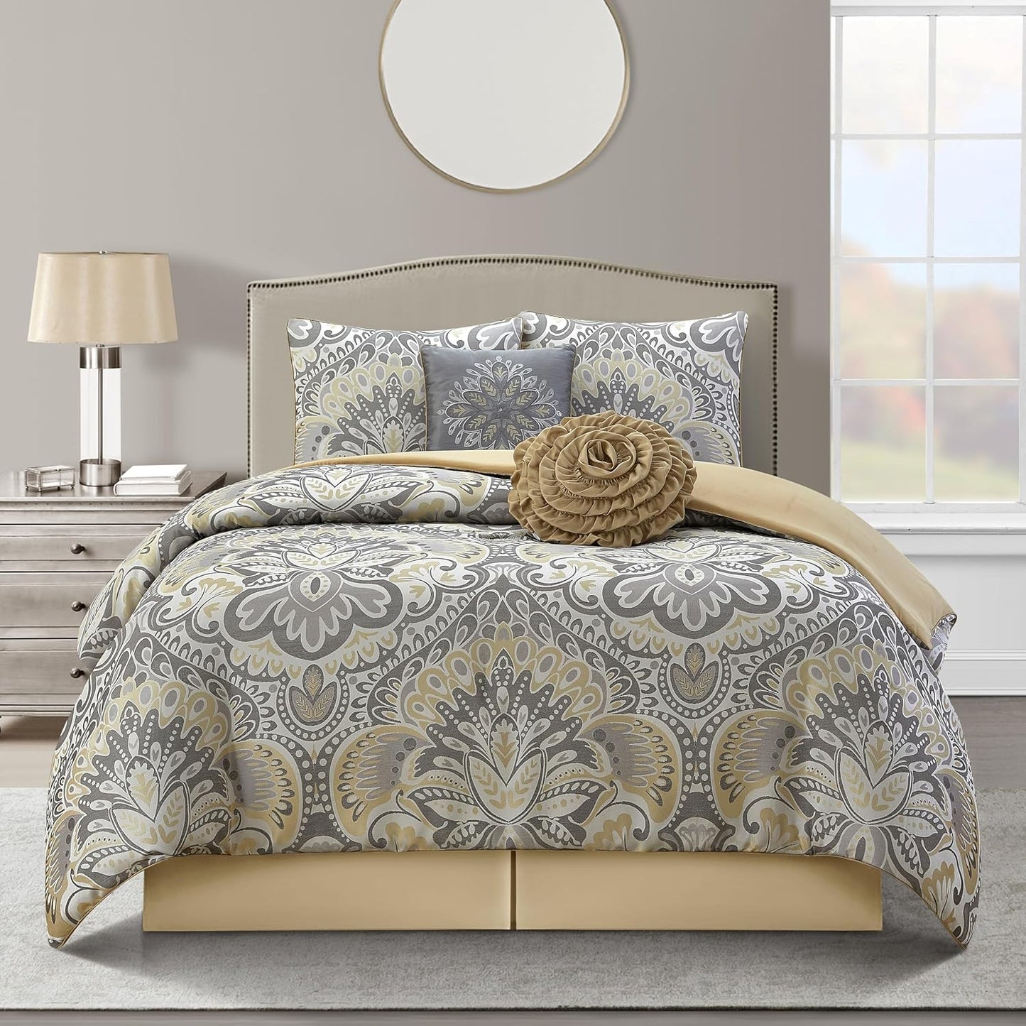Grey/Yellow Floral King Comforter Set, 6 Piece, All Season Premium Bedding Set, Pillows & Shams, All Season, Home Decor