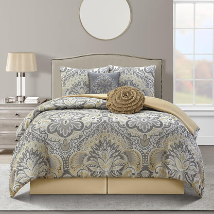 Grey/Yellow Floral King Comforter Set, 6 Piece, All Season Premium Bedding Set, Pillows & Shams, All Season, Home Decor