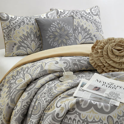 Grey/Yellow Floral King Comforter Set, 6 Piece, All Season Premium Bedding Set, Pillows & Shams, All Season, Home Decor