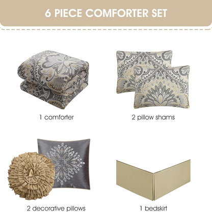 Grey/Yellow Floral King Comforter Set, 6 Piece, All Season Premium Bedding Set, Pillows & Shams, All Season, Home Decor