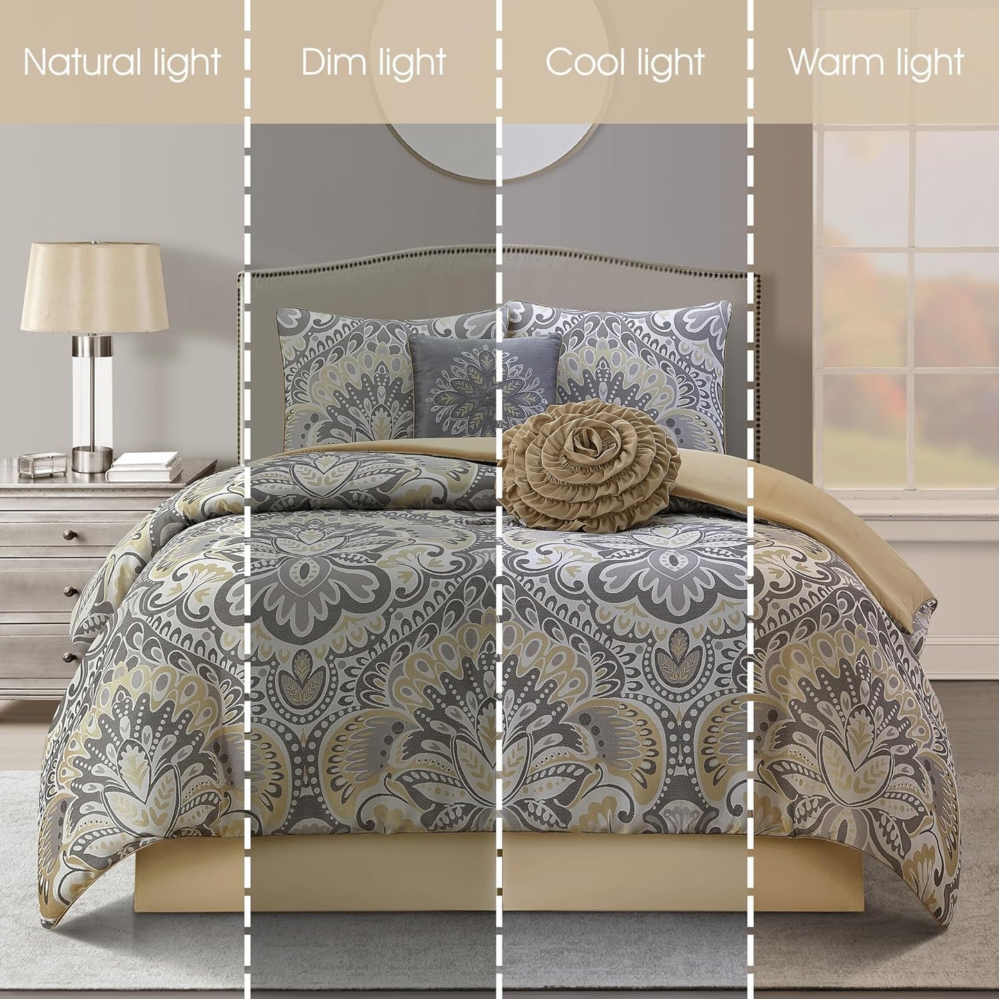 Grey/Yellow Floral King Comforter Set, 6 Piece, All Season Premium Bedding Set, Pillows & Shams, All Season, Home Decor