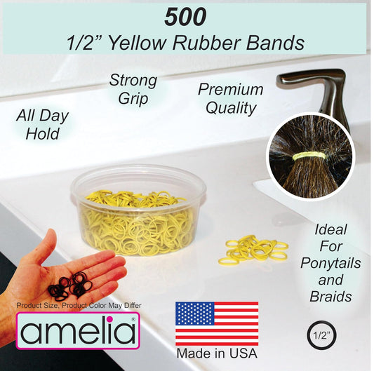 500 Count Small Rubber Bands for Hair – ½" Yellow - Made in USA - Recloseable Container - Mini Hair Elastics for Braids, Ponytails, Cornrows & Twists – Strong Hold Ponytail Holders
