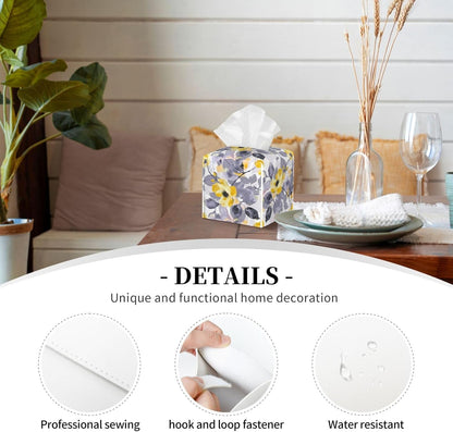 Tissue Box Cover Yellow Flower Grey Leaves Square PU Leather Tissue Box Holder for Car Bathroom Bedroom Desk Tabletop Decor
