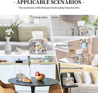 Tissue Box Cover Yellow Flower Grey Leaves Square PU Leather Tissue Box Holder for Car Bathroom Bedroom Desk Tabletop Decor