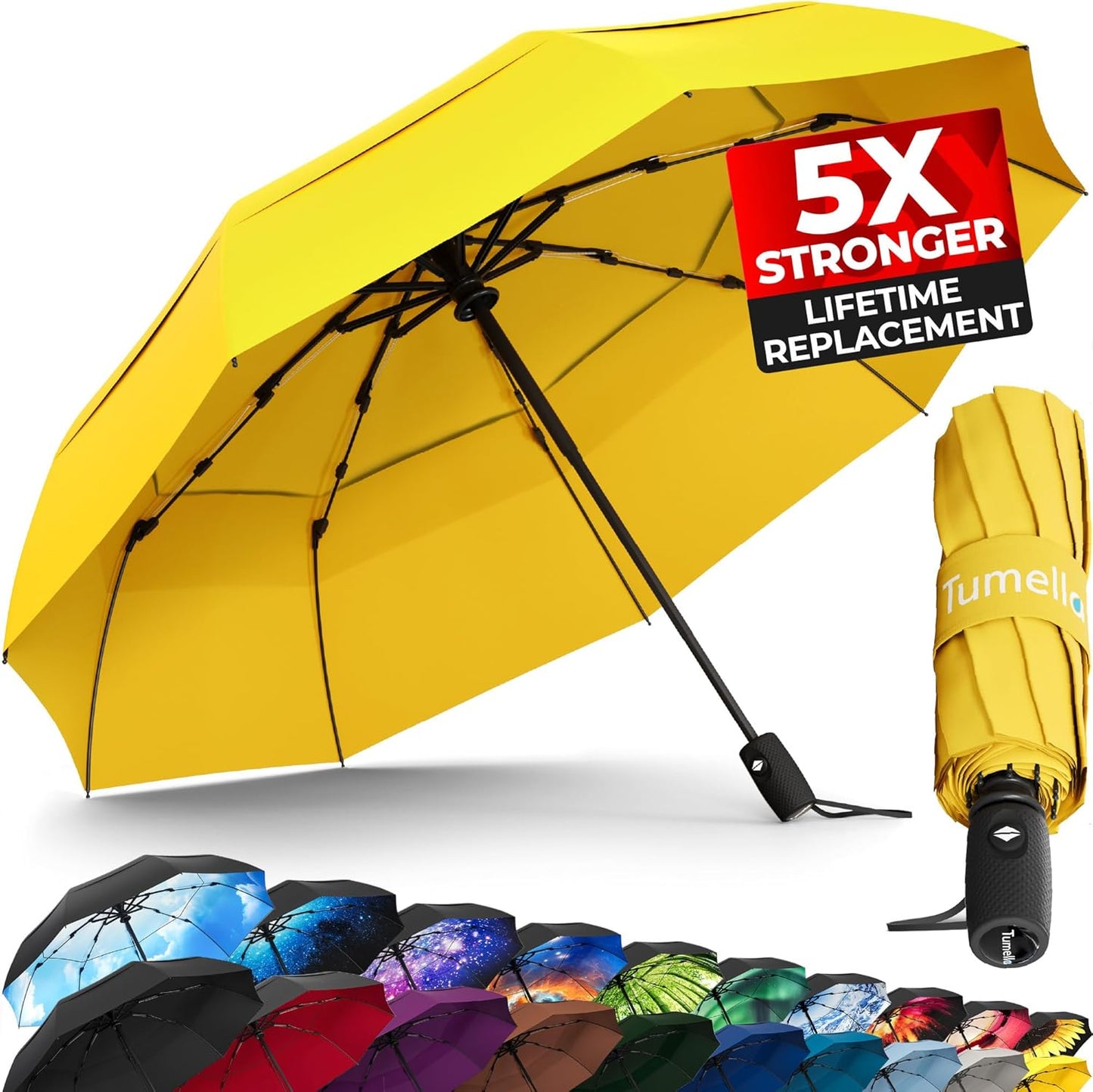 Strongest Windproof Travel Umbrella (Compact, 100MPH Wind-Tested), Light, Portable, One-Handed Use, Automatic Folding Rain Umbrella, Durable, Premium Grip, Fits Car & Backpack