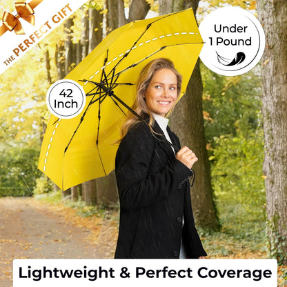 Strongest Windproof Travel Umbrella (Compact, 100MPH Wind-Tested), Light, Portable, One-Handed Use, Automatic Folding Rain Umbrella, Durable, Premium Grip, Fits Car & Backpack