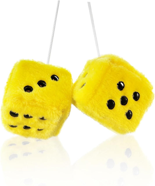 Fuzzy Dice for Car Rear View Mirror, Pair of 3” Retro Yellow Plush Dice | Classic Plush Hanging Ornaments Dice for Car Rearview Mirror, Soft Interior Decoration, Easy to Hang, Fun Gift for Car Lovers
