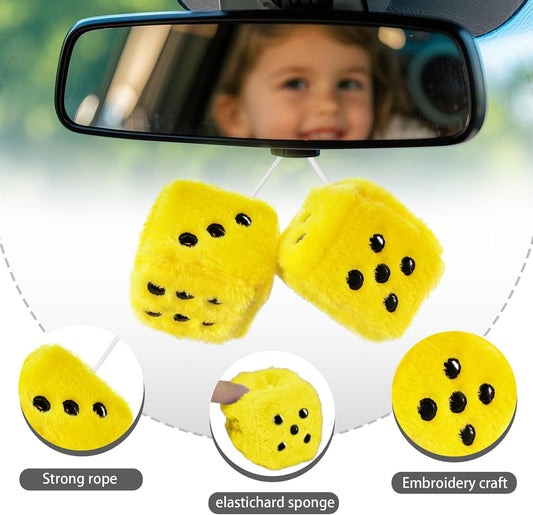 Fuzzy Dice for Car Rear View Mirror, Pair of 3” Retro Yellow Plush Dice | Classic Plush Hanging Ornaments Dice for Car Rearview Mirror, Soft Interior Decoration, Easy to Hang, Fun Gift for Car Lovers