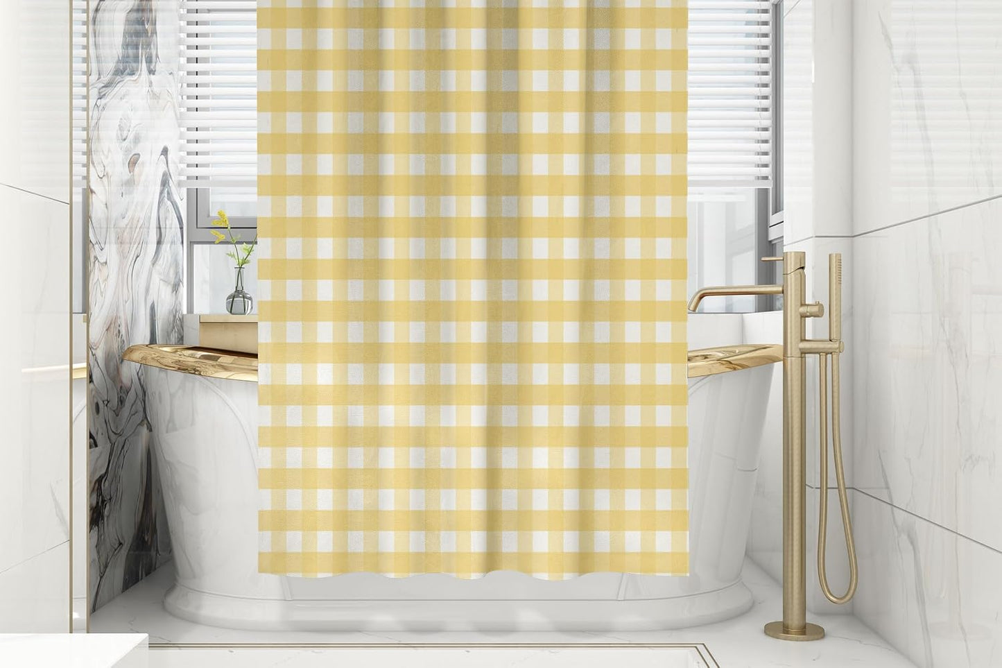 Plaid Shower Curtain Gingham Pattern in Pastel Lemon Yellow and White Great for Fabric Restaurants Fabric Shower Curtain for Bathroom Decorative Bath Curtains,72X72 Inches