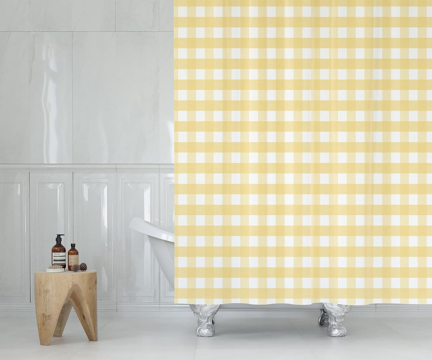 Plaid Shower Curtain Gingham Pattern in Pastel Lemon Yellow and White Great for Fabric Restaurants Fabric Shower Curtain for Bathroom Decorative Bath Curtains,72X72 Inches